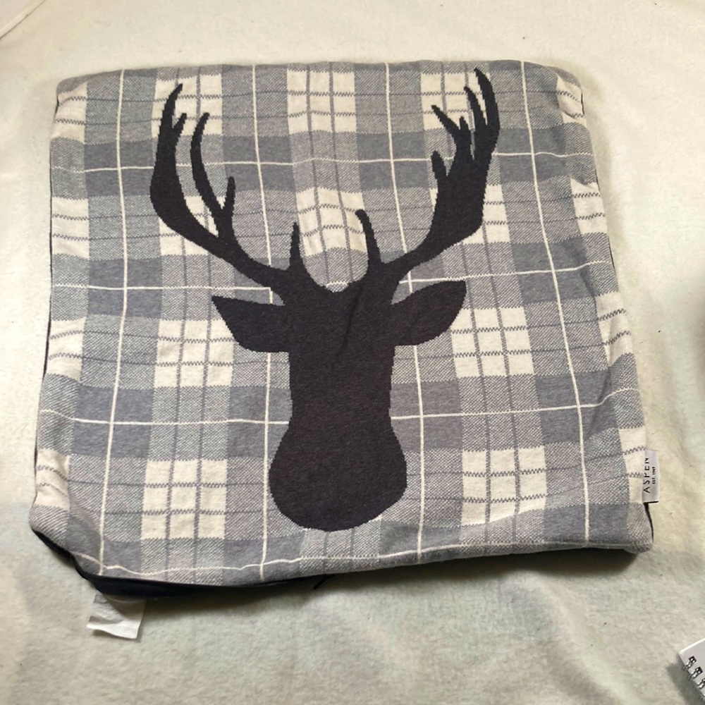 Aspen Cottage Cabin Gray Plaid Western Moose Head Pillow Cover
